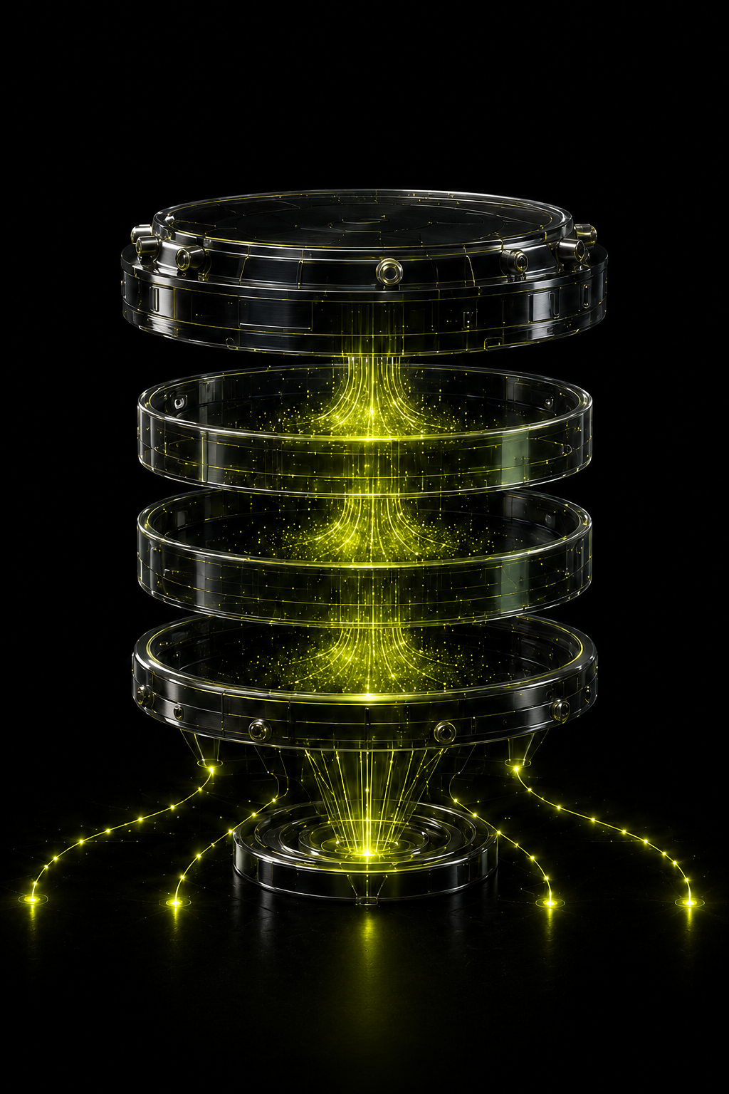 Dividend vault mechanism — layered glass rotors separating dividend flow from principal